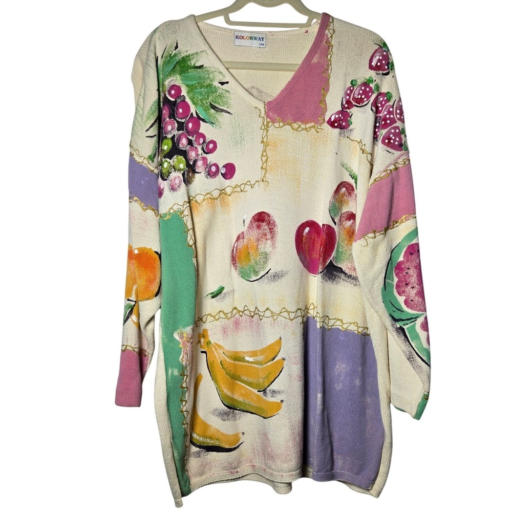Vintage Kolorway USA Handpainted Fruit Sweater Plus 2X Oversized Art Whimsical
